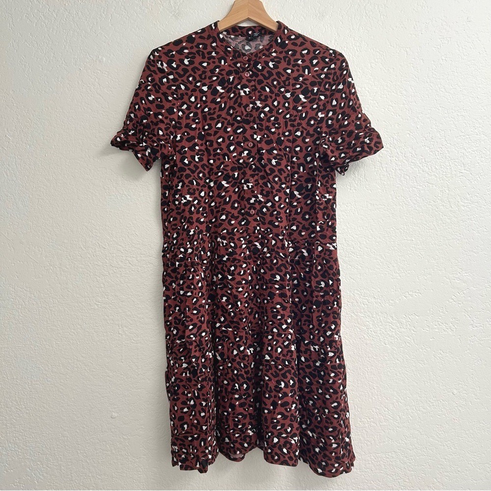 Vero Moda Dress Rust Red Leopard Print Tiered Button Front Women's Small